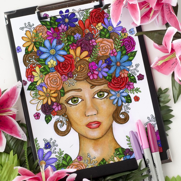 Flower Girl Adult Coloring Page. Colored by Michelle HH