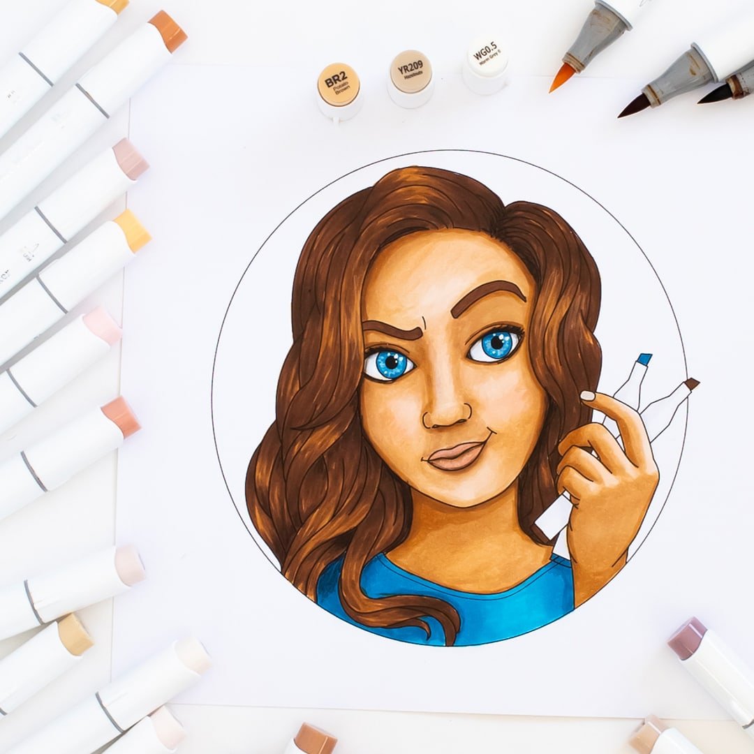 Free Printable Coloring Page of girl with markers colored with Ohuhu Skin toned Alcohol Markers