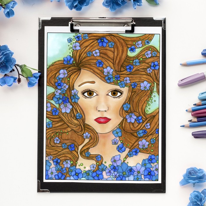 Ocean Girl Adult Coloring Page. Colored by Michelle HH
