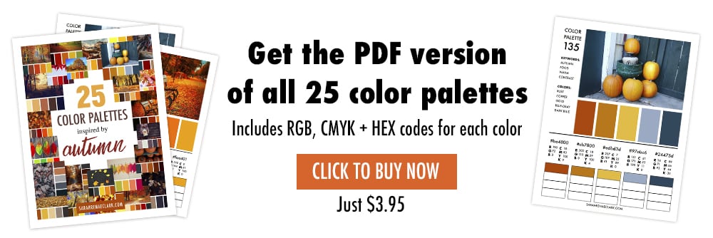 Get the PDF version of all 25 color palettes, including RGB, CMYK and HEX codes for each color. Click to buy now!