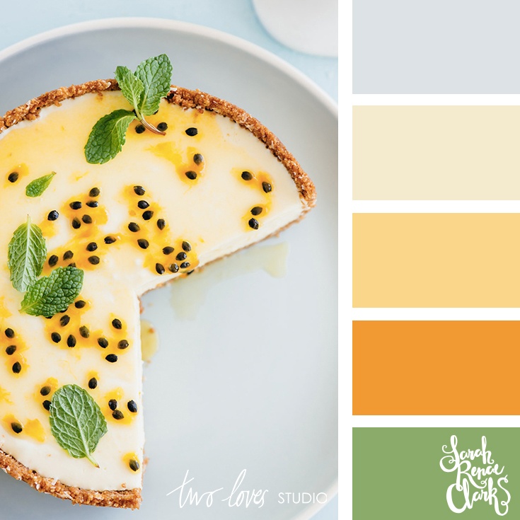 Color Palette 223 - A passion fruit topped cheesecake with mint leaves on a white plate