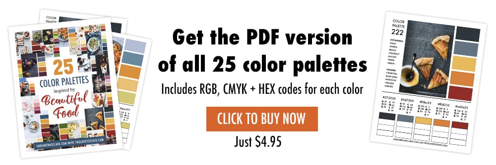 Get the PDF version of all 25 color palettes, including RGB, CMYK and HEX codes for each color. Click to buy now!