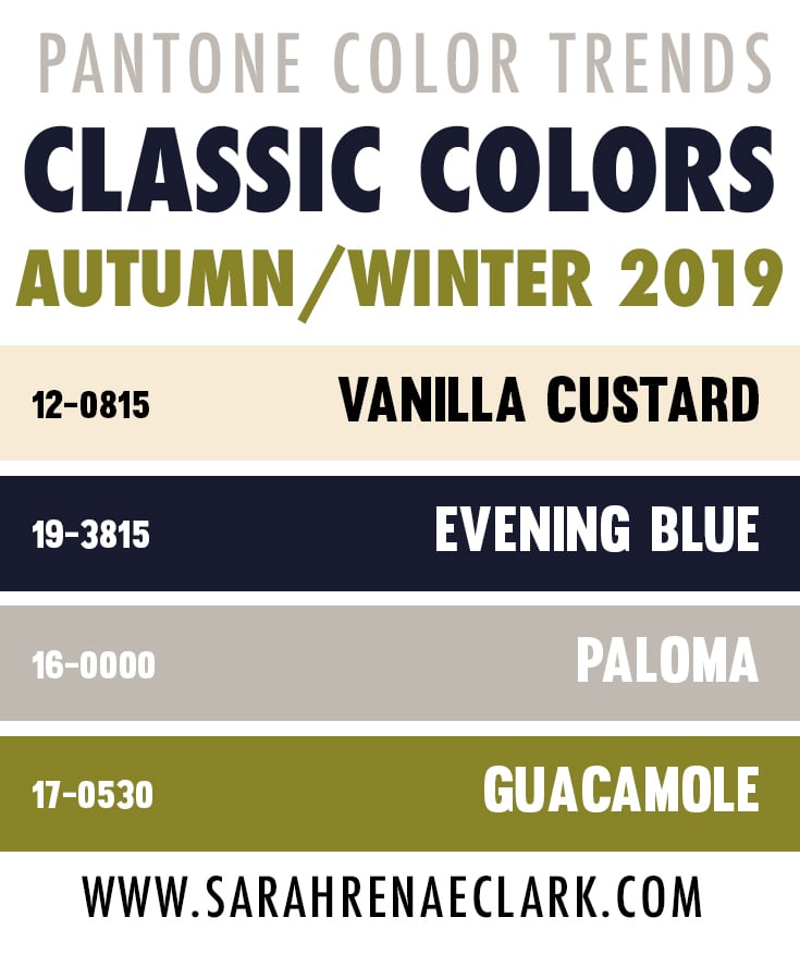 2019 Pantone Color Trend Report - Top Classic Colors for Autumn/Winter 2019-20 include Vanilla Custard, Evening Blue, Paloma and Guacamole.