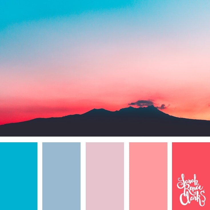 Color Palette 356 - Pastel Sunset with silhouetted mountains in the foreground.