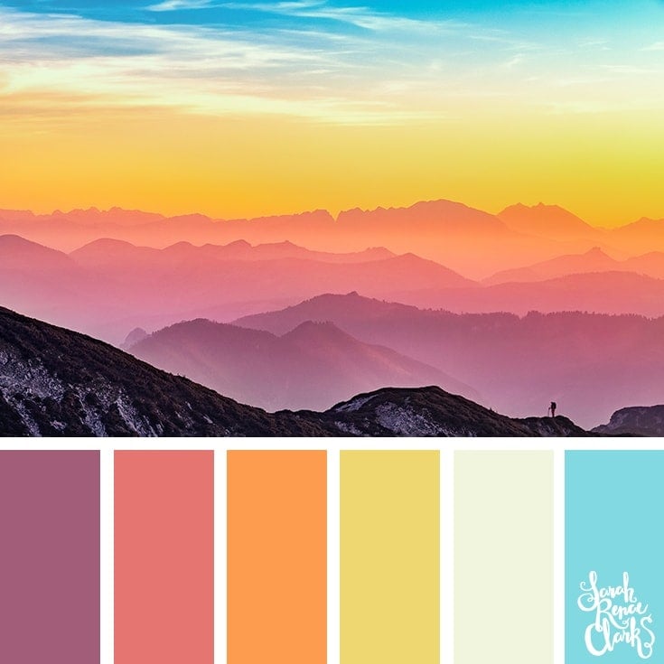 Color Palette 367 - Pastel Sunset fading over a series of pastel mountain ranges with a hiker in the foreground.