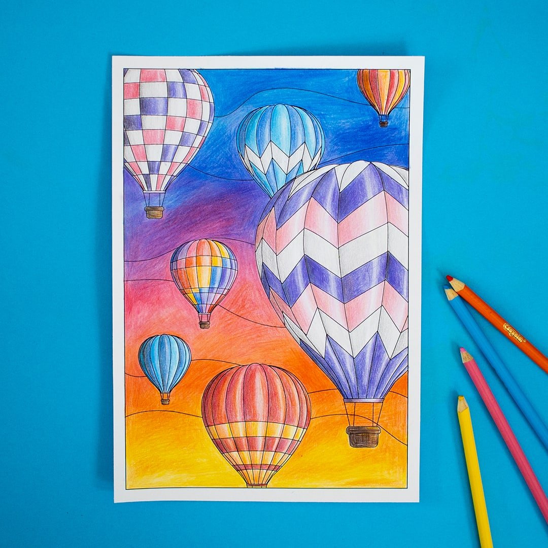An Adult Coloring Page of Hot Air Balloons, colored with budget friendly crayola colored pencils.