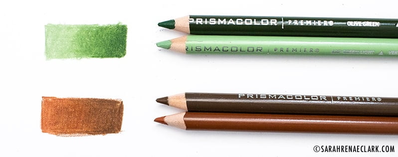 green and brown colored pencil gradients to show how to blend prismacolor pencils