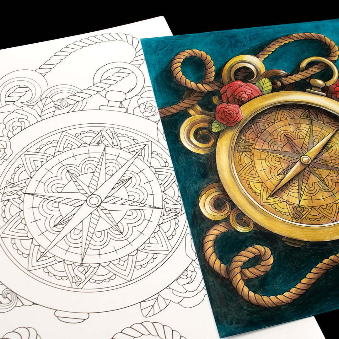 Steampunk compass coloring page