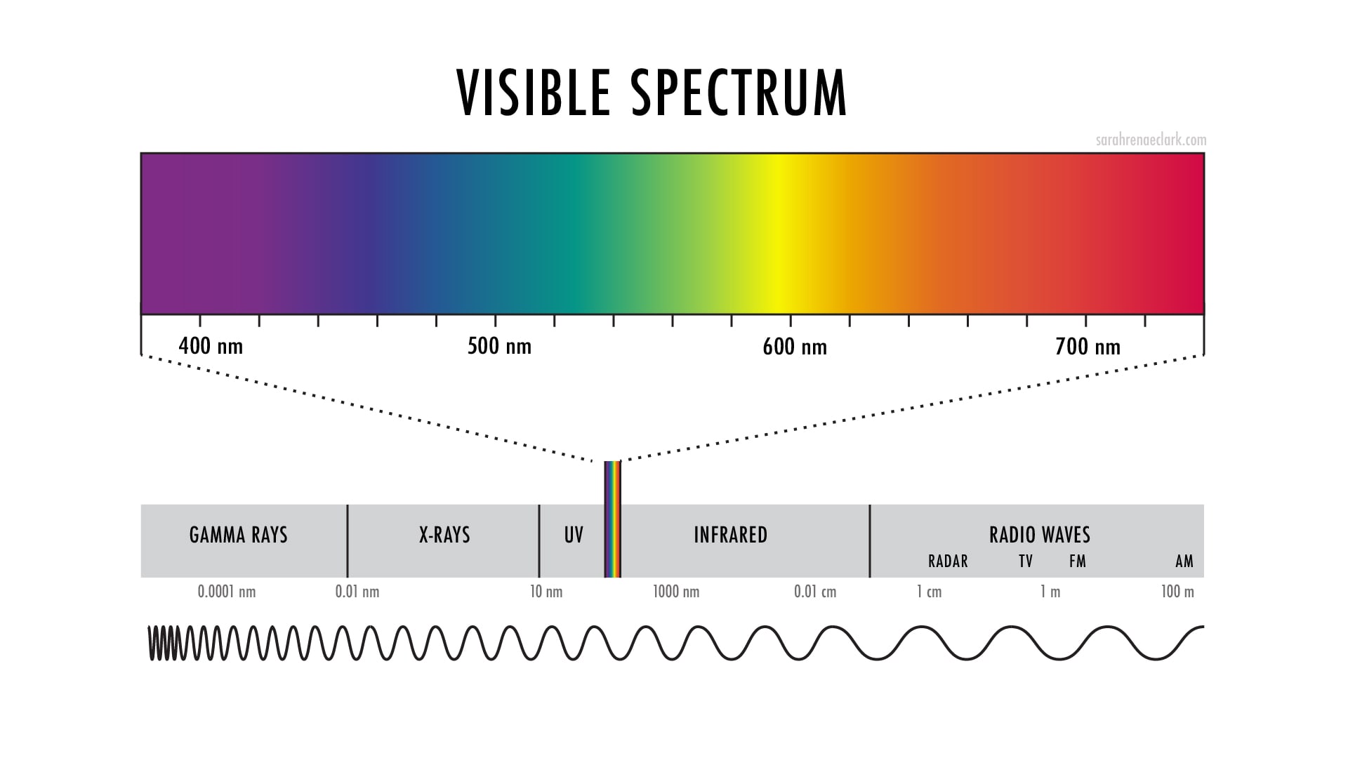 The Visible Spectrum showing violet, blue, cyan, green, yellow, orange, red