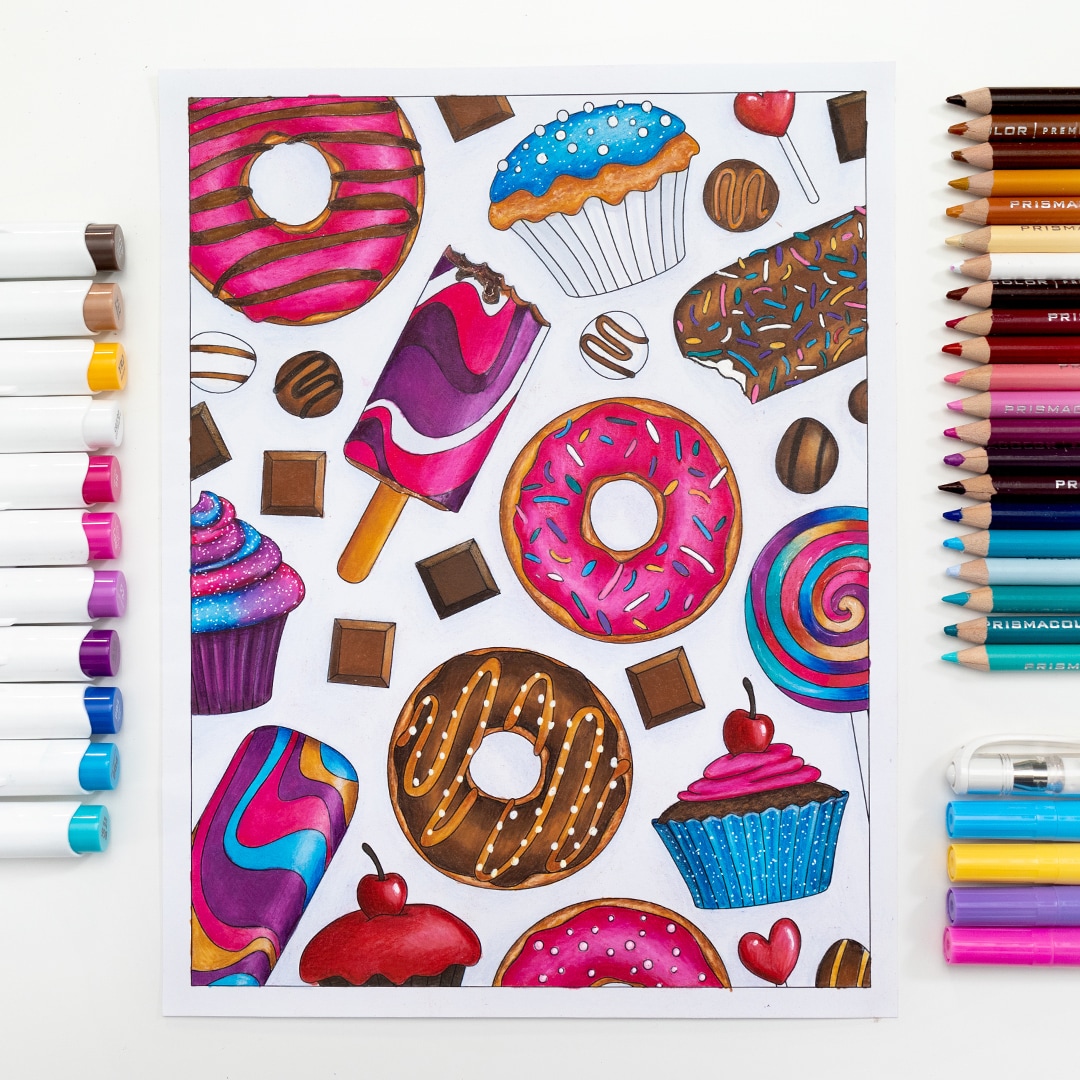 Fun donuts and cupcakes printable coloring page for adults