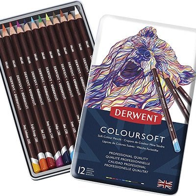 Derwent Coloursoft Colored pencils in their box and showing the box art