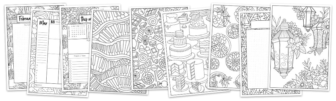 9 laid out coloring pages from the 2024 Coloring Planner hardcover, digital and printable version
