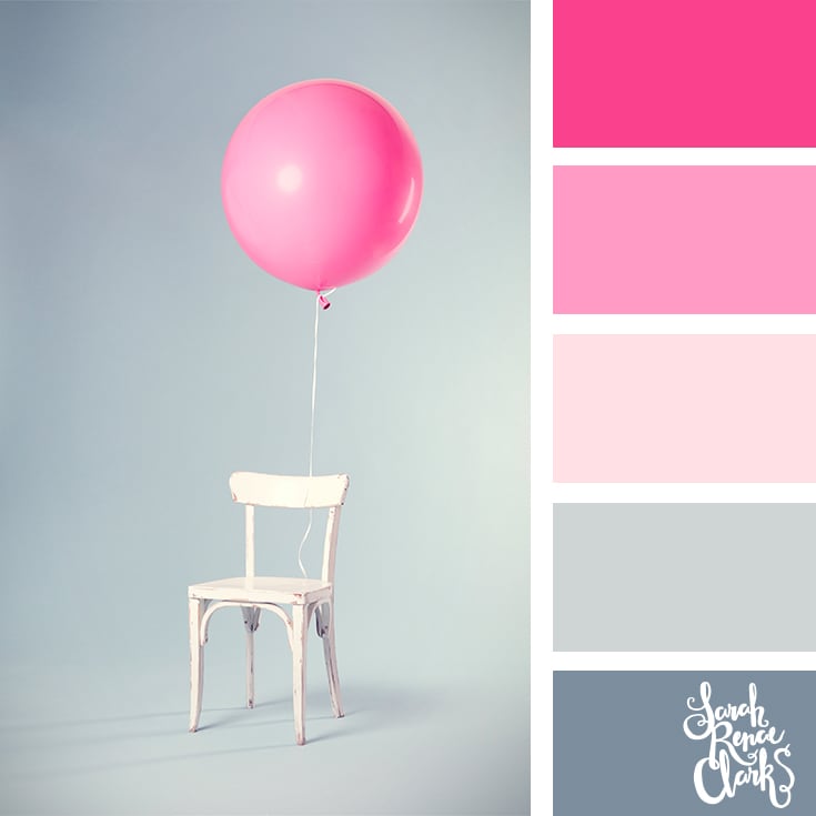 Color Palette 241 - A pink balloon tied to a white chair on a grey background
