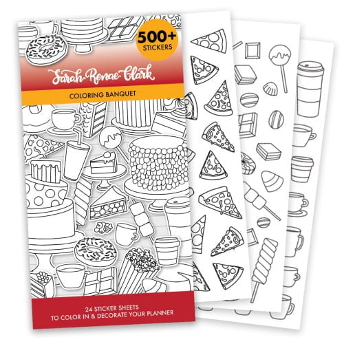 Coloring Sticker Book to color and decorate on your 2024 Coloring Planner. Comes with stickers of cakes, pizza, coffee and so much more.