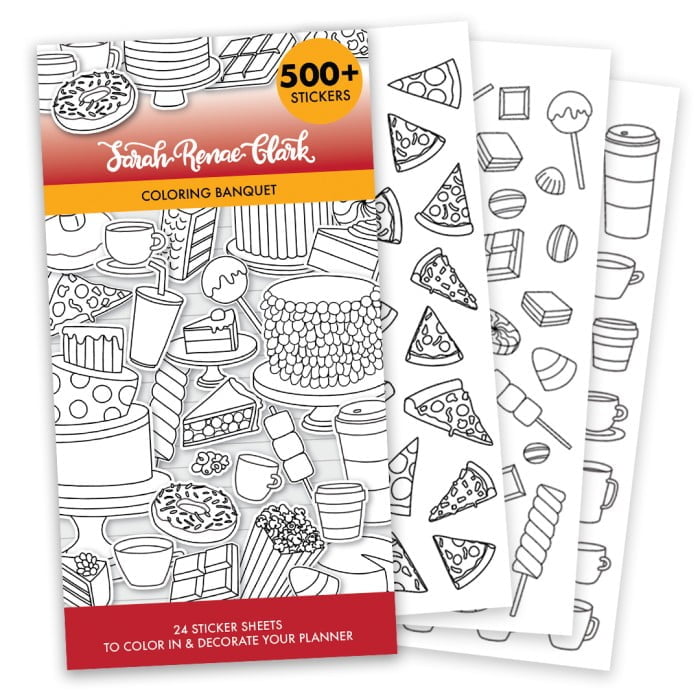 Coloring Sticker Book to color and decorate on your 2024 Coloring Planner. Comes with stickers of cakes, pizza, coffee and so much more.