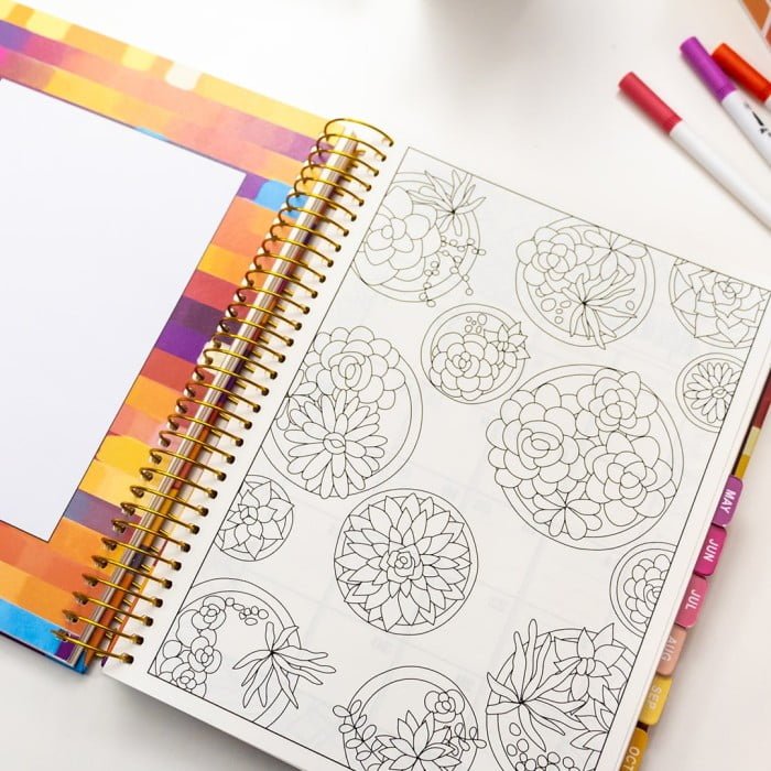 Open hardcover Planner with colorful tabs and succulent coloring page with colorful stationary.