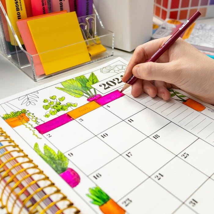pink, orange and green colored plant in the opened scratch-resistant hardcover weekly spread of 2024 Coloring Planner