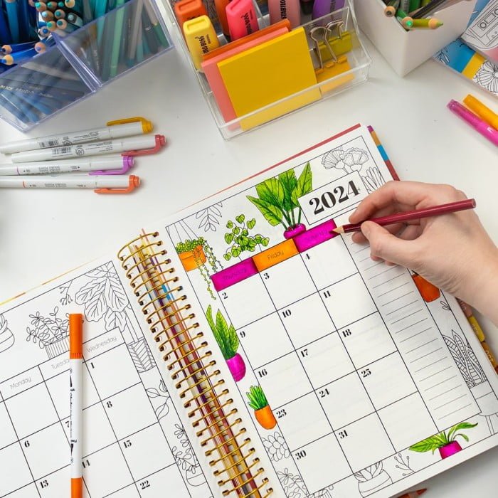 Open scratch-resistant hardcover 2024 Coloring planner on plants weekly spread with stationary and stickers