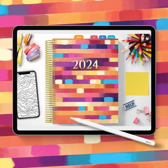2024 Digital Coloring Planner on an Apple Ipad with an Apple Pencil and Stationary. Has colorful tabs and easy to use functions. Placed on a colorful background