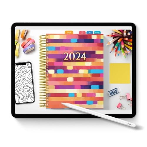 2024 Digital Coloring Planner on an Apple Ipad with an Apple Pencil and Stationary. Has colorful tabs and easy to use functions. Placed on a white background