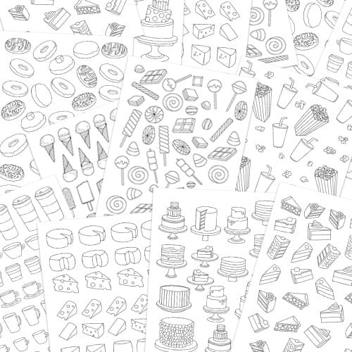 lay out of printable planner stickers full of food and drinks