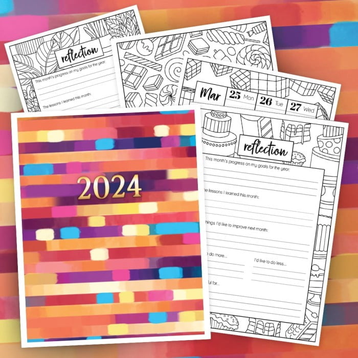 Colorful Printable 2024 Coloring Planner with weekly, monthly and yearly spreads and coloring pages shows 4 example coloring and dashboards.