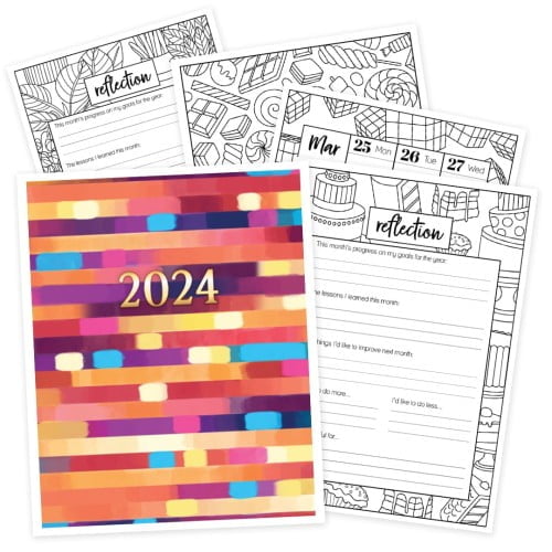 Colorful Printable 2024 Coloring Planner with weekly, monthly and yearly spreads and coloring pages shows 4 example coloring and dashboards.
