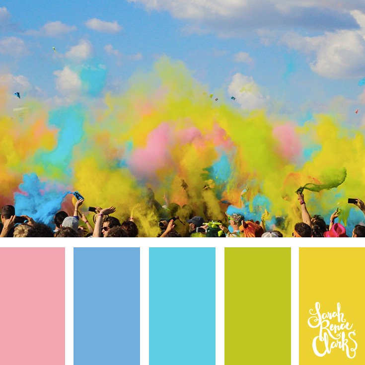 Pastel Palette 358 - A group of people throwing and tipping colored chalk powered in each other and in the air