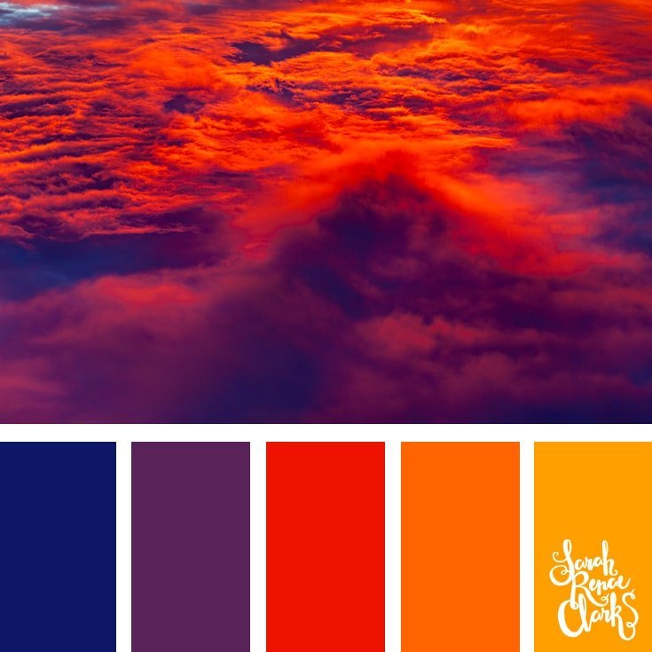 Color Palette 429 - fiery red and purple clouds flattening towards the horizon