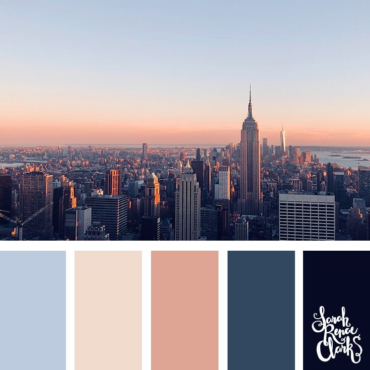 Color Palette #492 - a soft pastel sun setting behind a birds eye view of a city scape