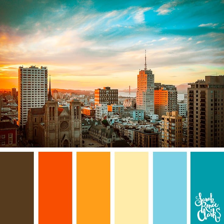 Color Palette 500 - a sunset sky graduating from yellow to blue over a highlighted city scape scene