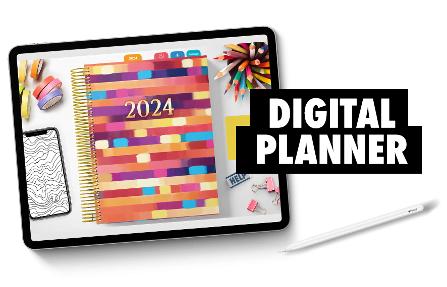 2024 Digital Coloring Planner on an Apple Ipad with an Apple Pencil and Stationary. Has colorful tabs and easy to use functions. Placed on a transparent background