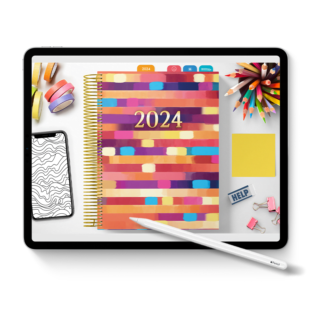 2024 Digital Coloring Planner on an Apple Ipad with an Apple Pencil and Stationary. Has colorful tabs and easy to use functions.
