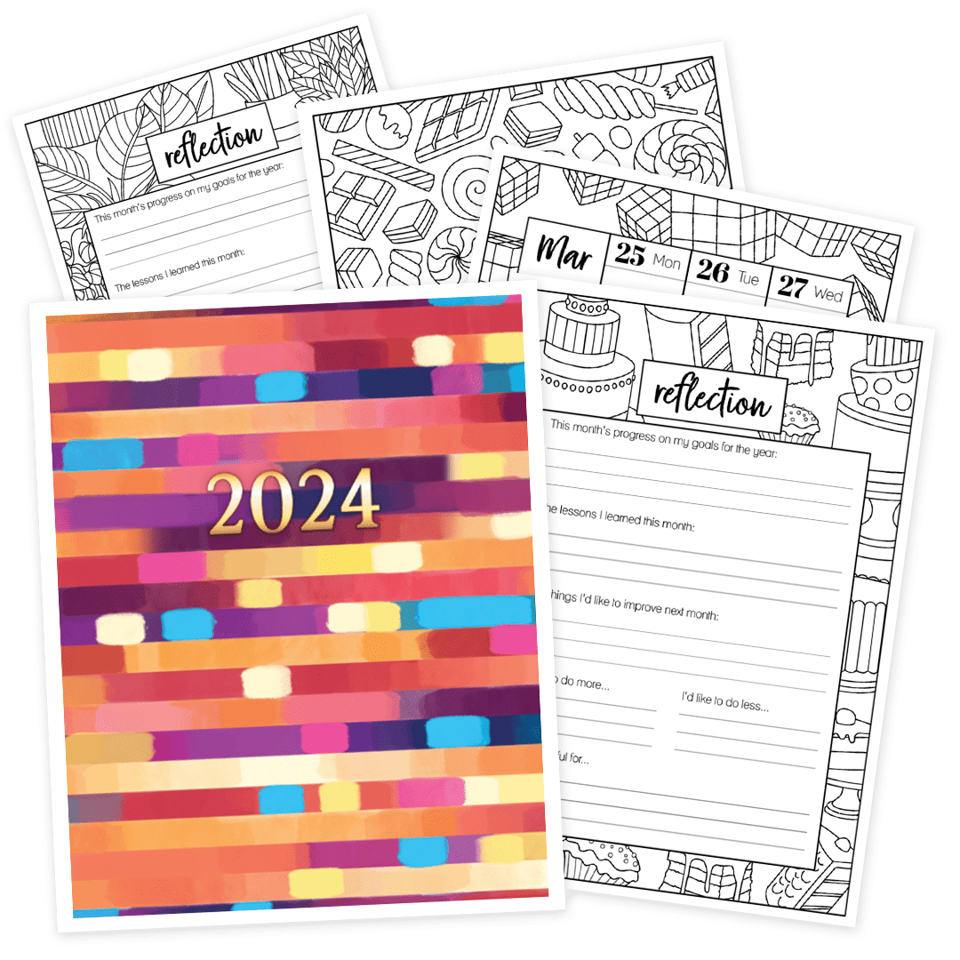 Colorful Printable Coloring Planner for 2024 with weekly, monthly and yearly spreads and coloring pages for each month.