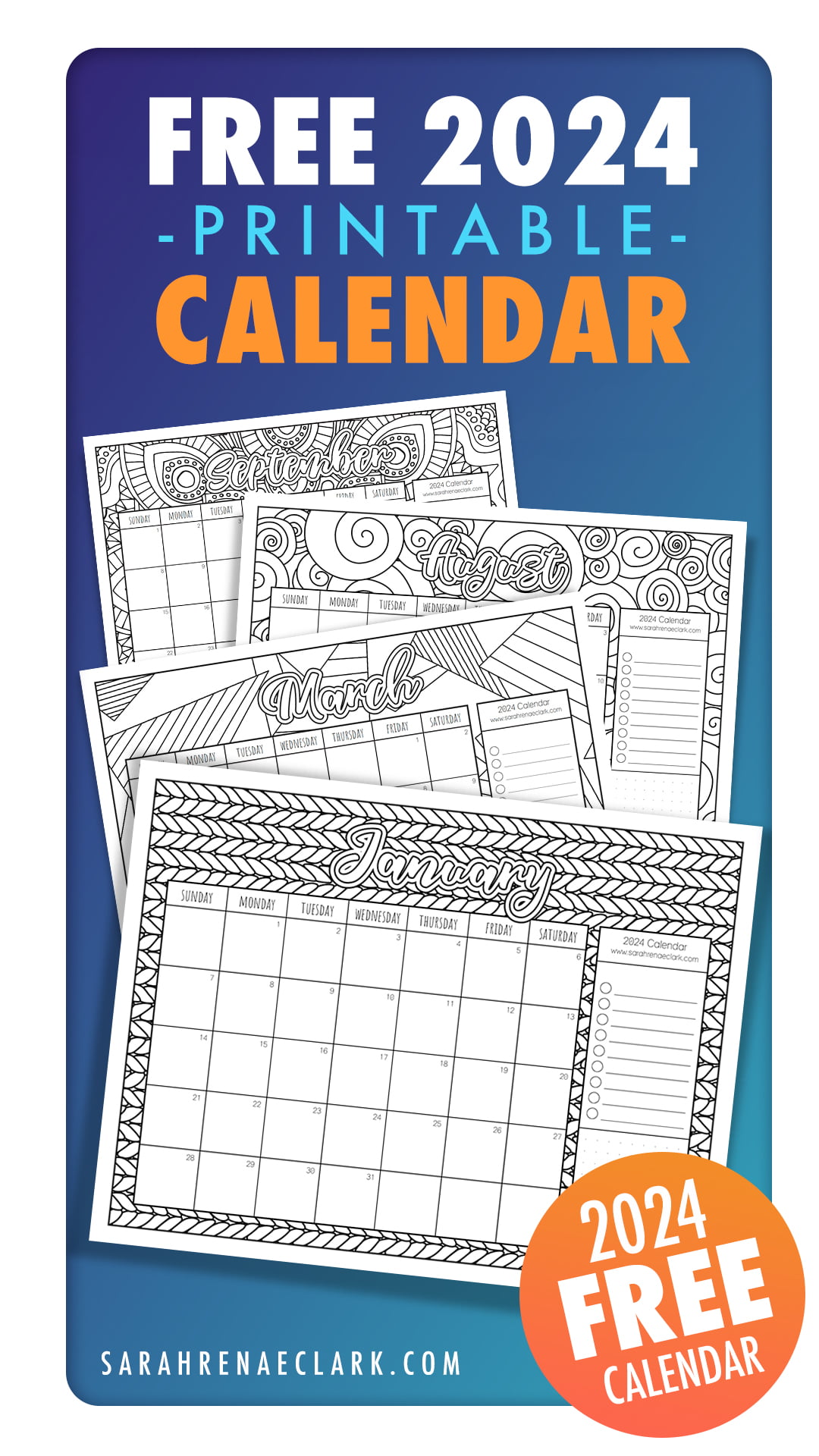 2024 Printable Coloring Calendar PDF by Sarah Renae Clark