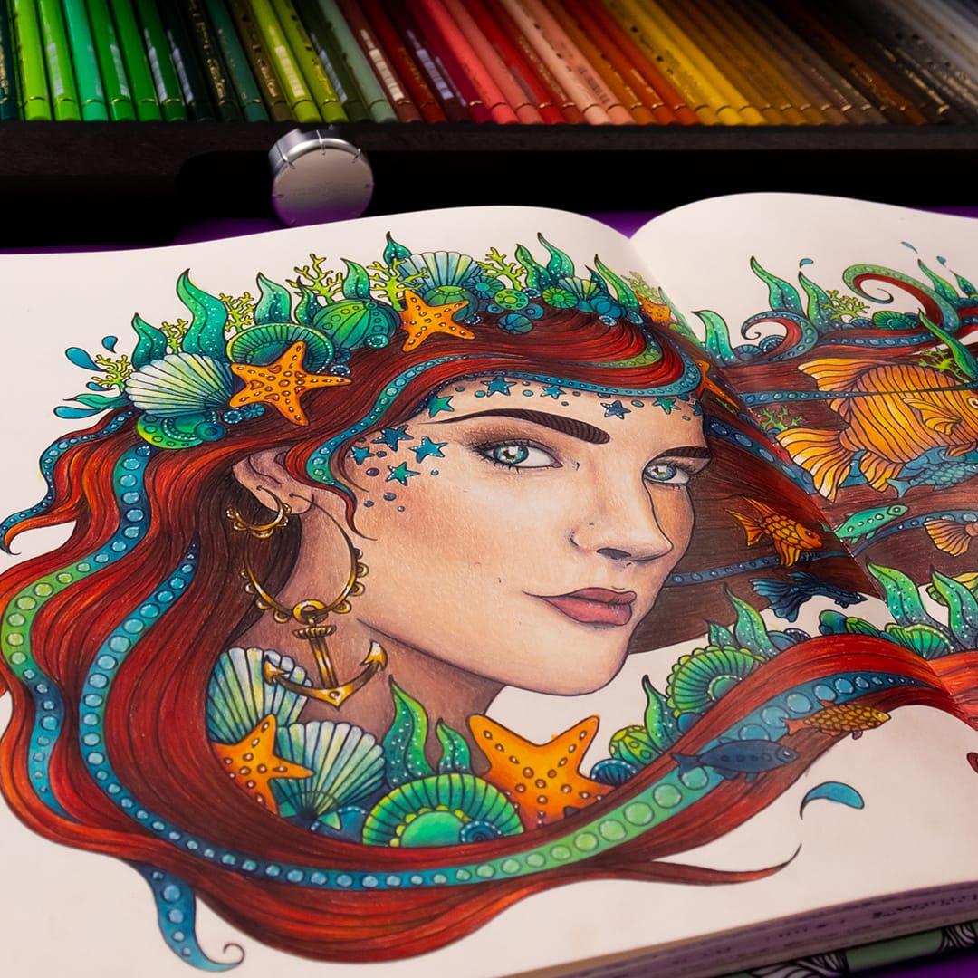 A colored page from Hanna Karlzons coloring book, highlighted with white paint pens.