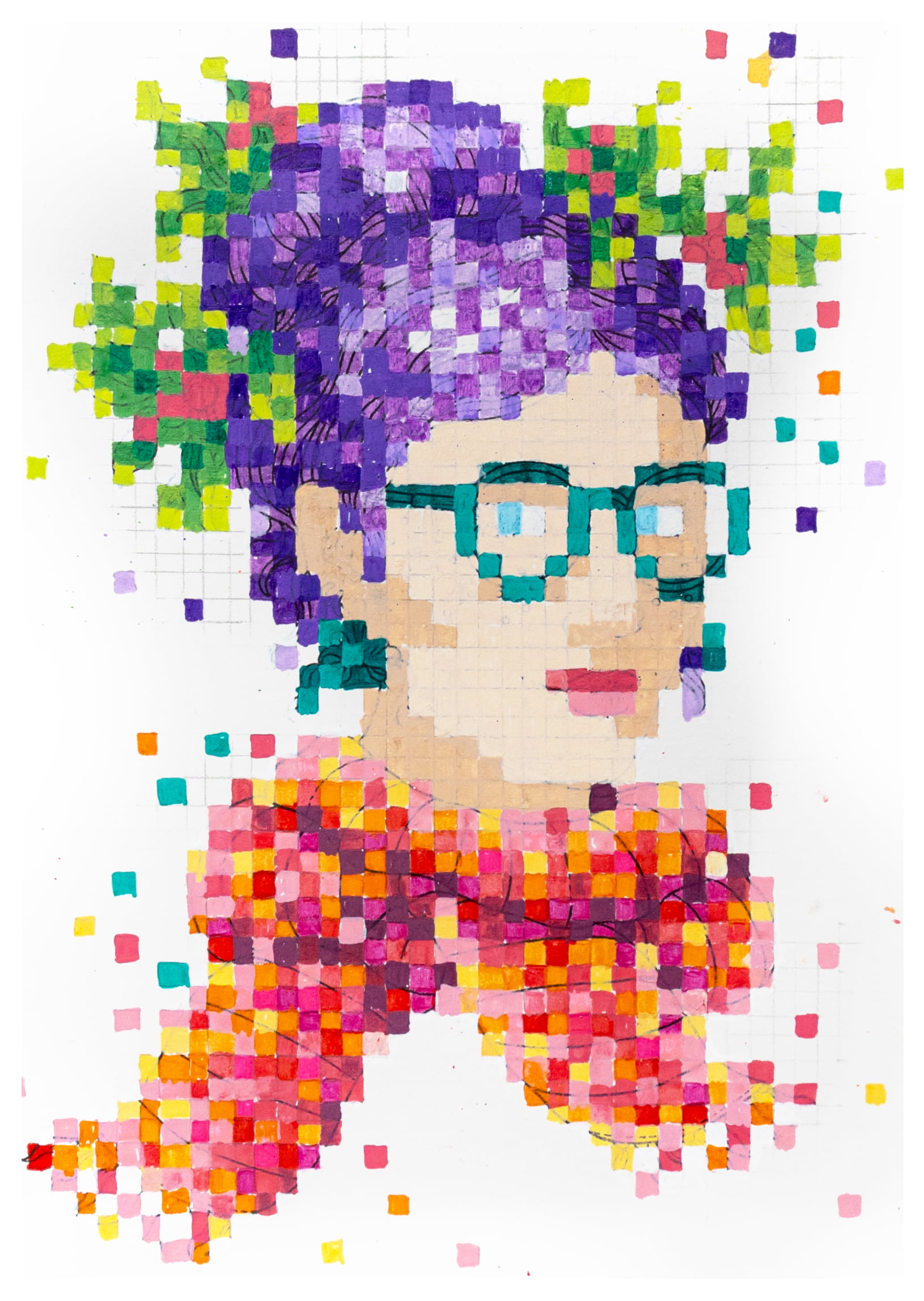 A coloring page of a girls head, colored in the pixel art style
