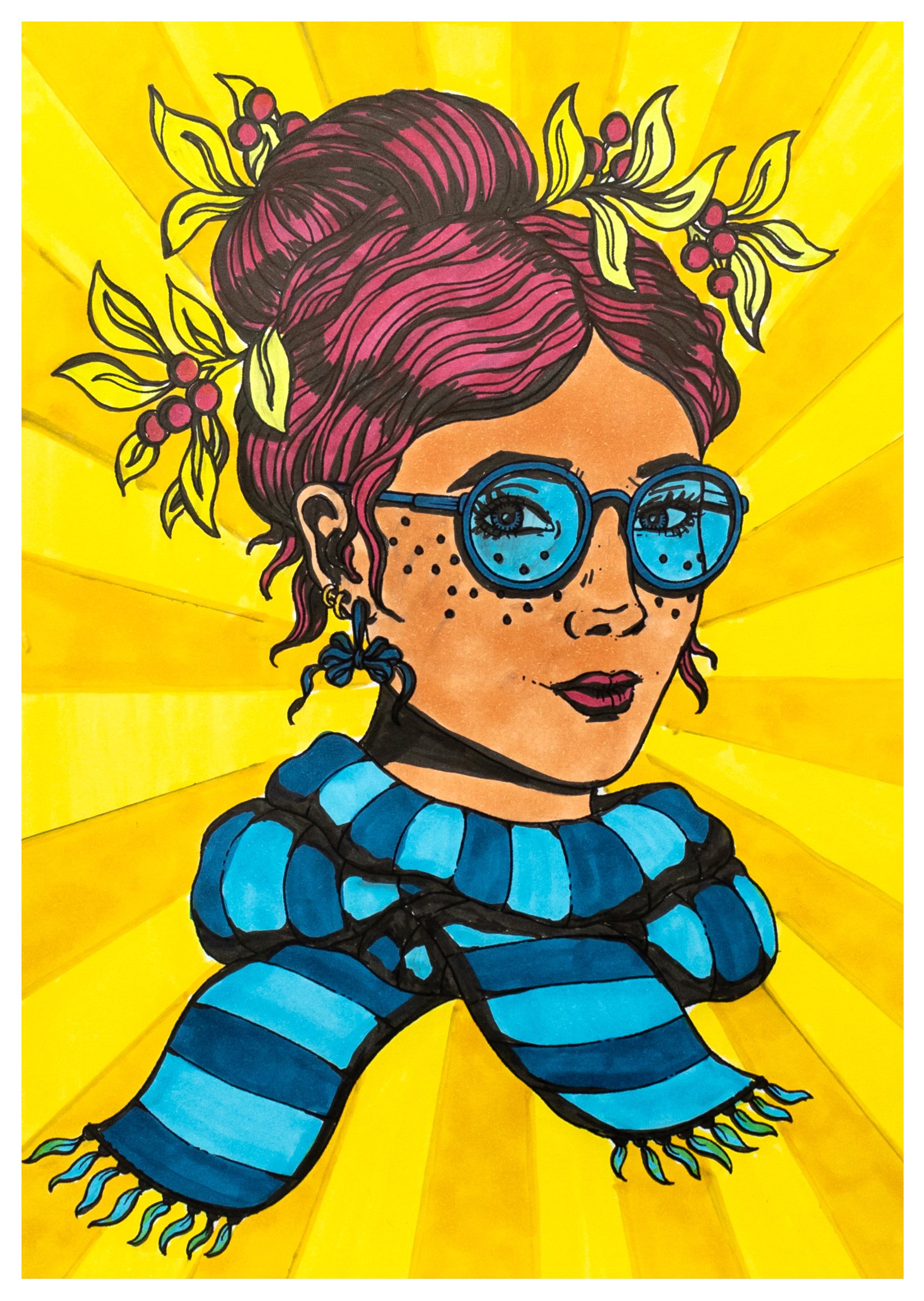 A coloring in page of a womans head, colored in the Lichtenstein pop art style