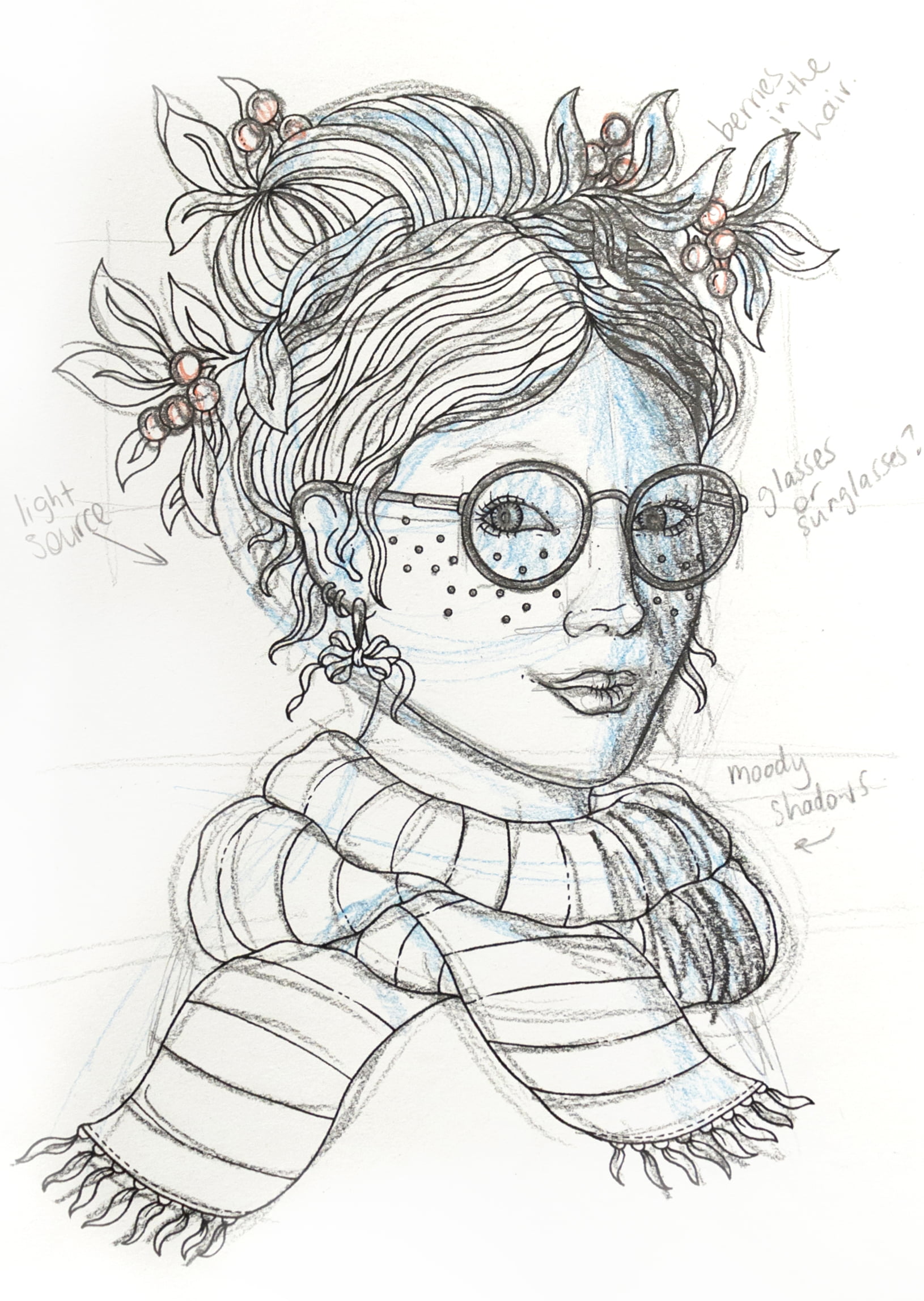 A coloring page of a girl, colored with grey lead pencil and sketch lines.