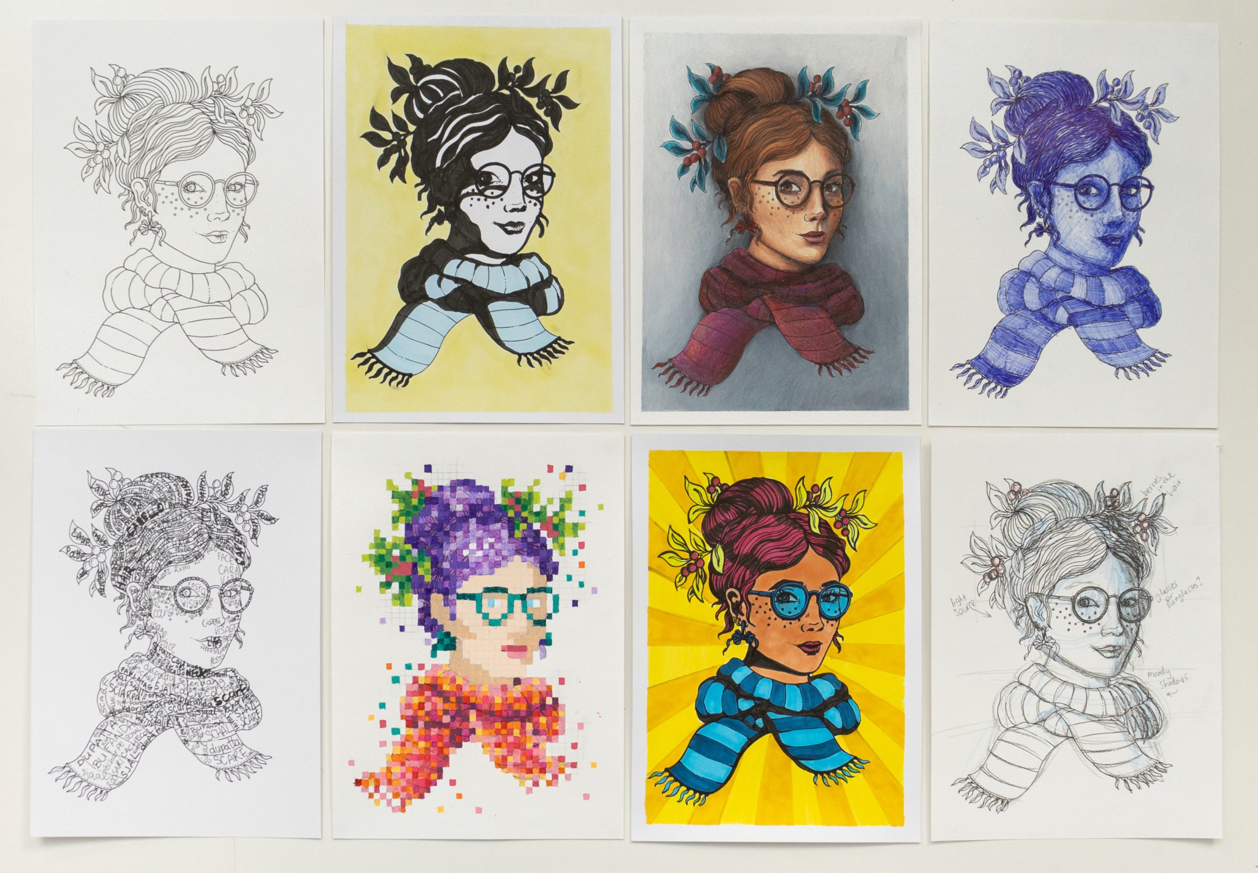 A coloring page of a womens head all colored in seven different art styles
