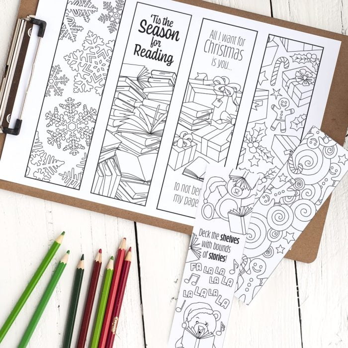 12 Christmas inspired coloring printable bookmarks