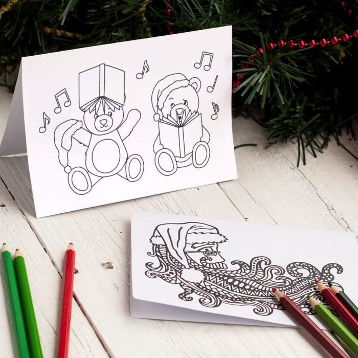 Teddy Bear and Santa Claus Printable coloring Christmas Card