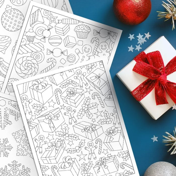 10 Printable Christmas Coloring Pages with christmas ornaments and presents.