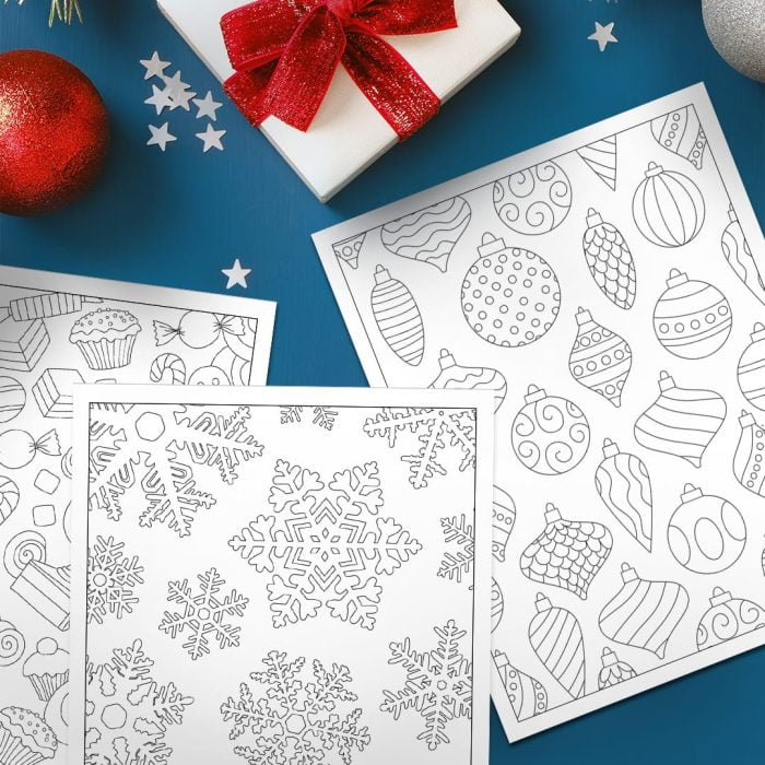 10 Printable Christmas Coloring Pages with christmas ornaments and presents.