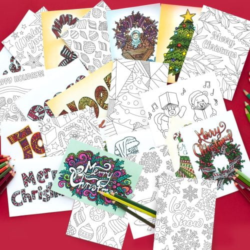 25 Printable Coloring Christmas Cards with christmas decorations such as holly, christmas tree, bells, ginger and more