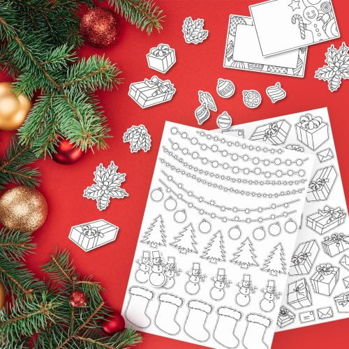 Mini Printable Christmas Sticker set with snowmen, stockings, lights, and christmas trees