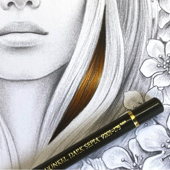 How to Color Hair - Sixth step to coloring hair using Faber-castell Polychromos pencil (Dark Sepia) in the coloring book