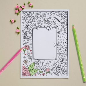 Faber-Castell free printable coloring card for Mother's Day has florals surrounding a rectangle you can write in.