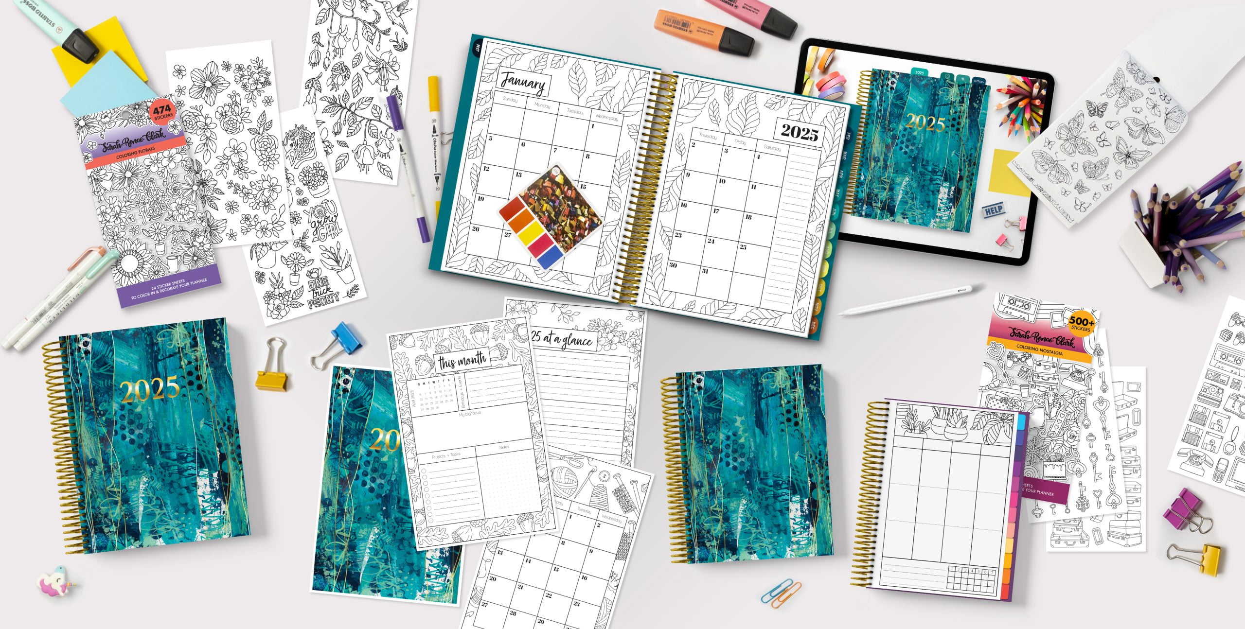 2025 Coloring planners which also include stickers and stationary