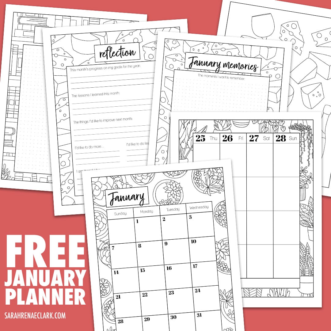 Pages from my Free January Printable Coloring Planner.